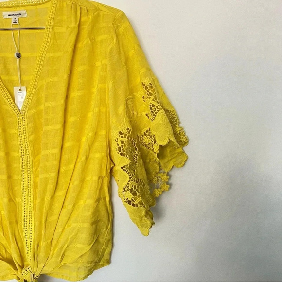Max Studio Flounce Sleeve Top Knot Front Lace Size Medium Yellow Cotton Blend - Picture 6 of 10